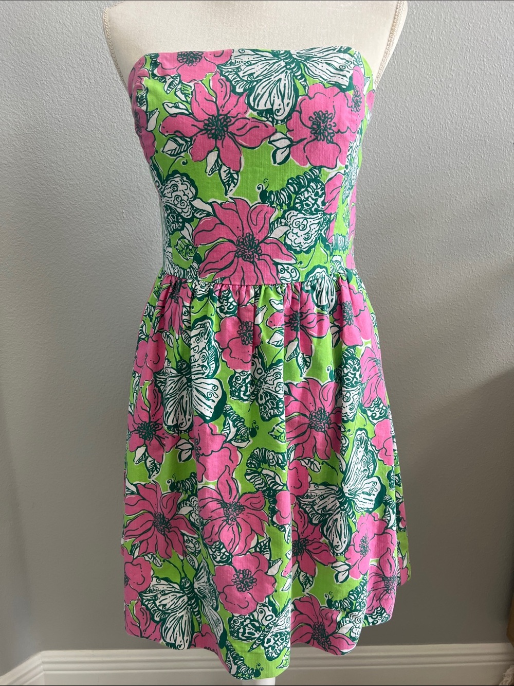 Vintage Lilly Pulitzer Strapless Butterfly Floral Resort Dress Size 14